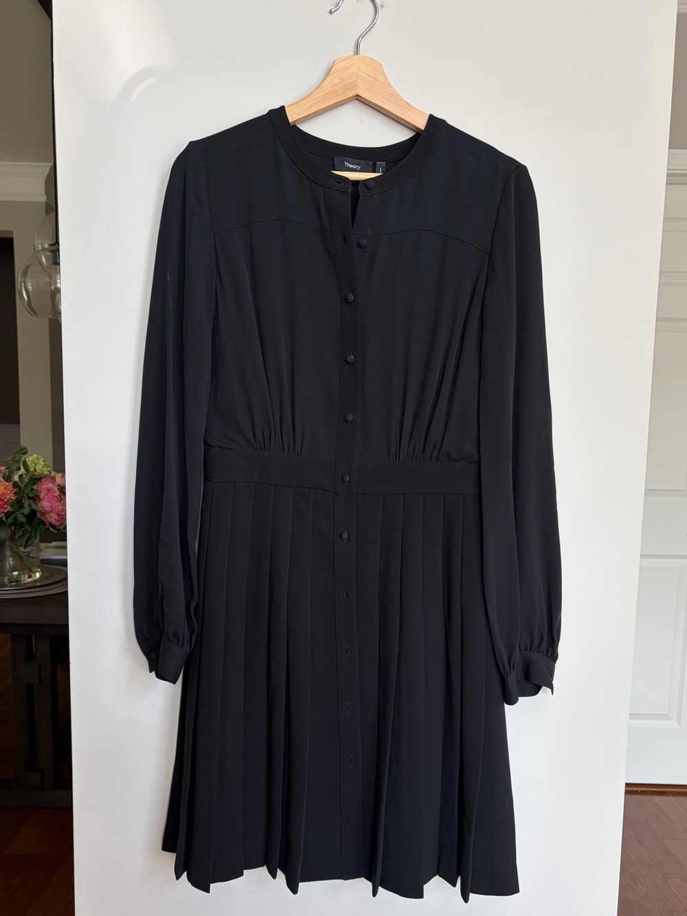 Theory Classic Georgette Pleated Dress Long Sleeves Black